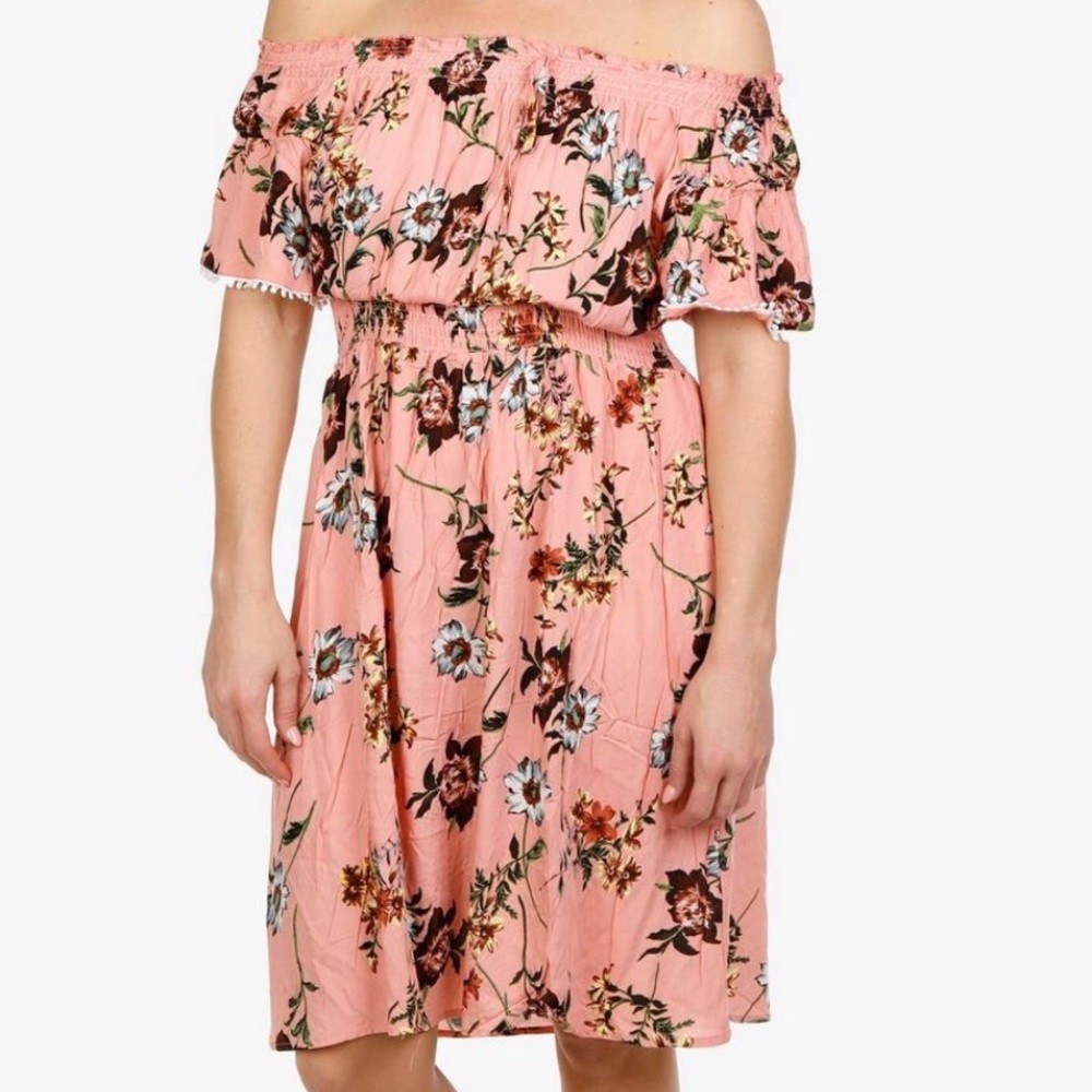 Ruffled Off The Shoulder Pom Pom Trim Smocked Floral Dress NWT